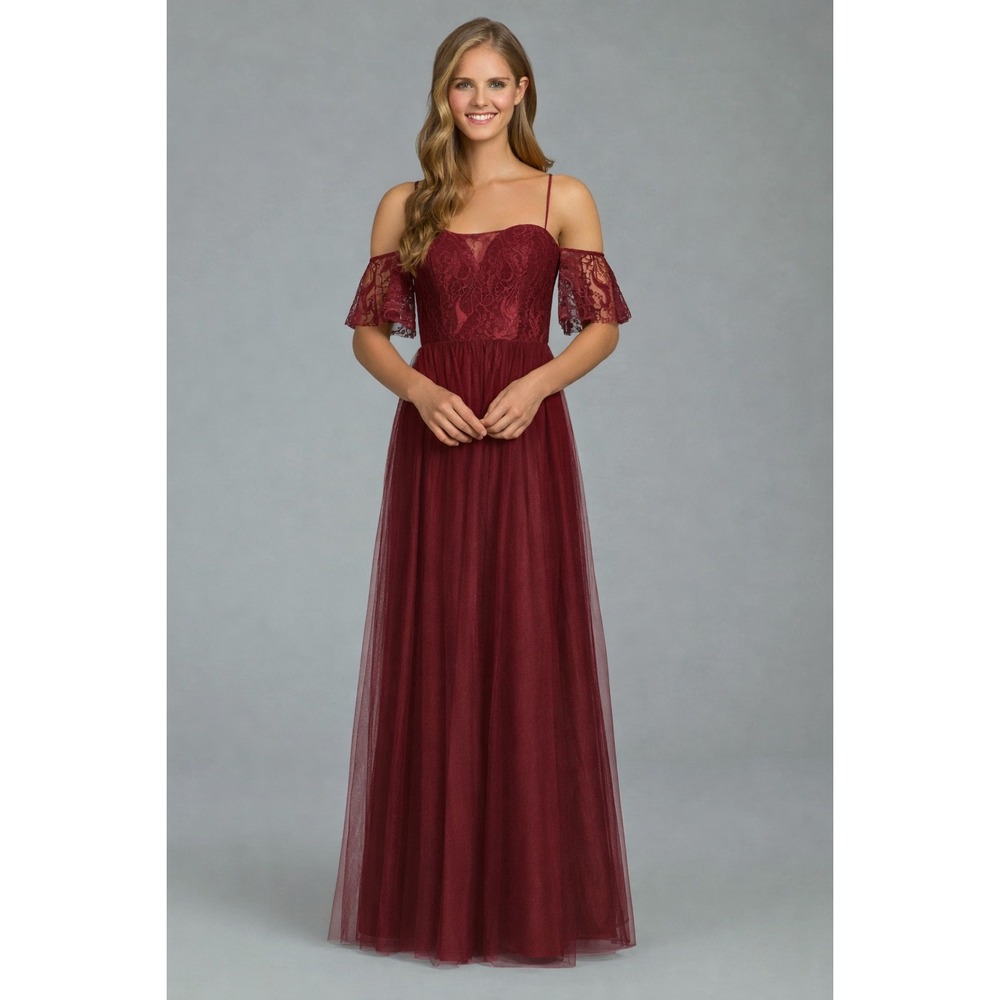 Hailey Paige 5808 Burgundy Lace Chiffon‎ Bridesmaid Prom Dress Open Back Sz 6
